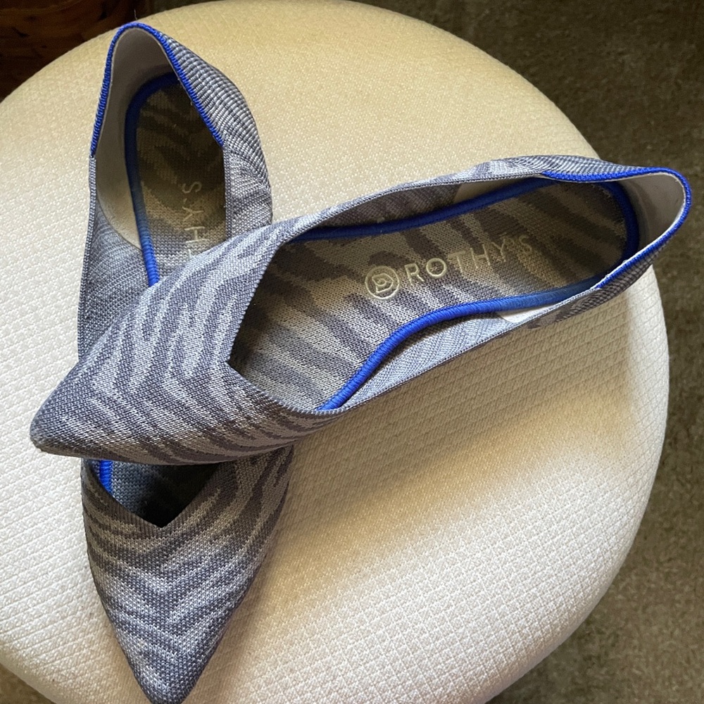 Rothy's Pointed-Toe Flats in Gray Zebra with Blue Trim